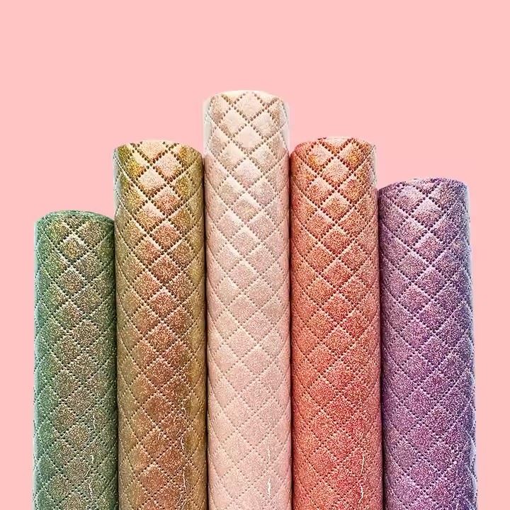 Colorful Crystal Grid Embossed Quilted Faux Leather Synthetic Leather Fabric For Diy Making Sofa Bags Crafts